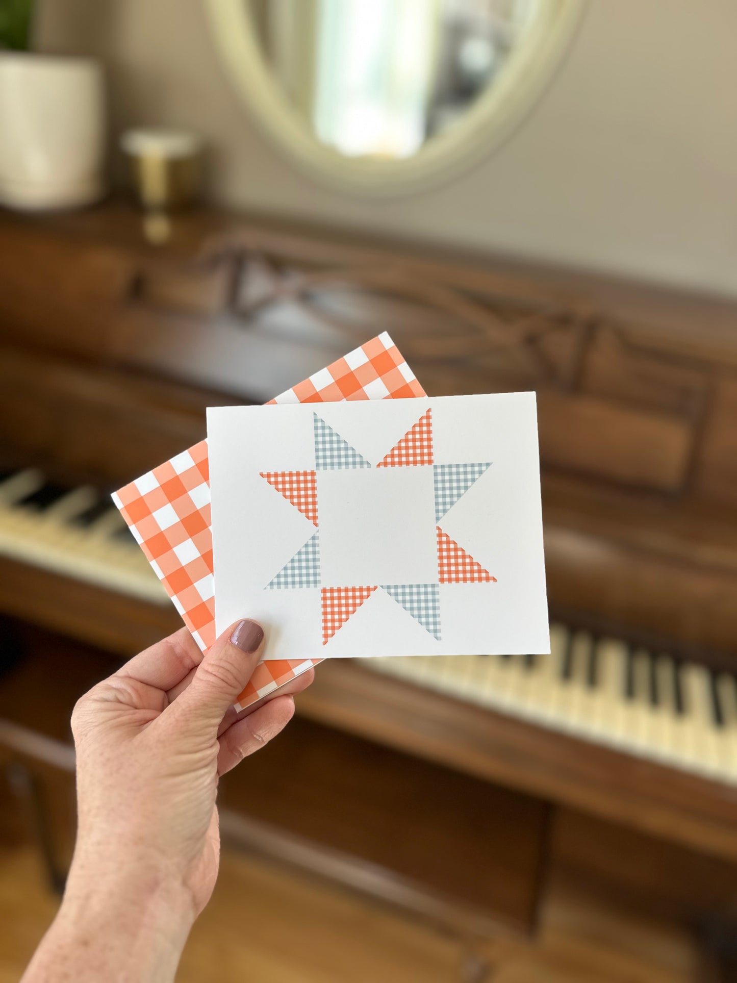 Blue and Orange Gingham Quilt Star Assorted Blank Note Cards Gift Set