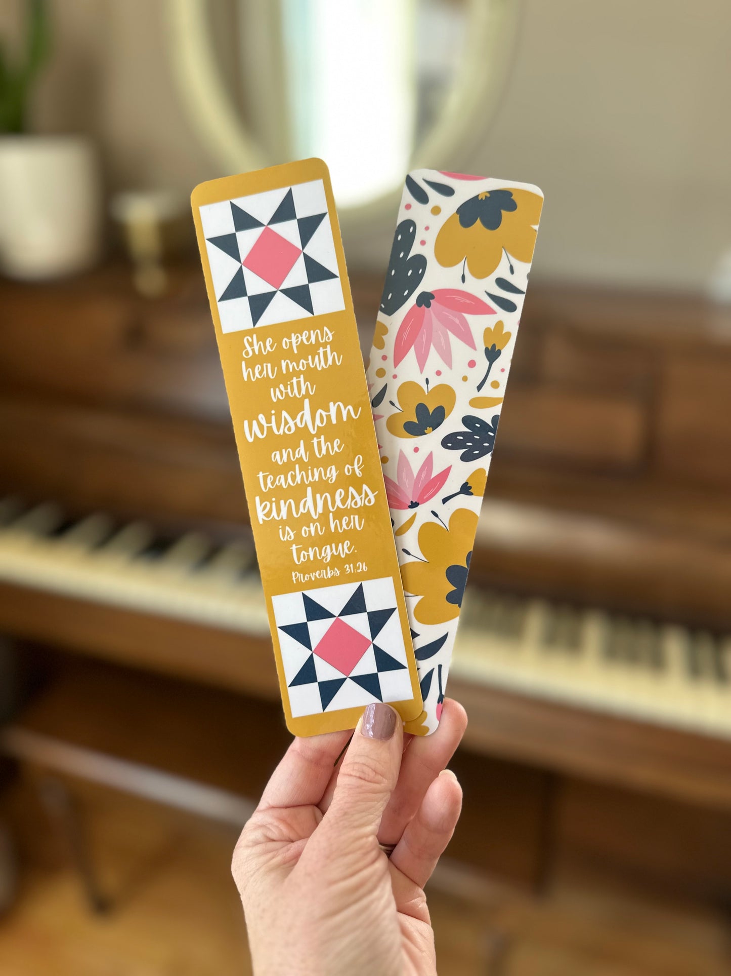 Golden Floral Bible Verse Quilt Laminated Bookmark