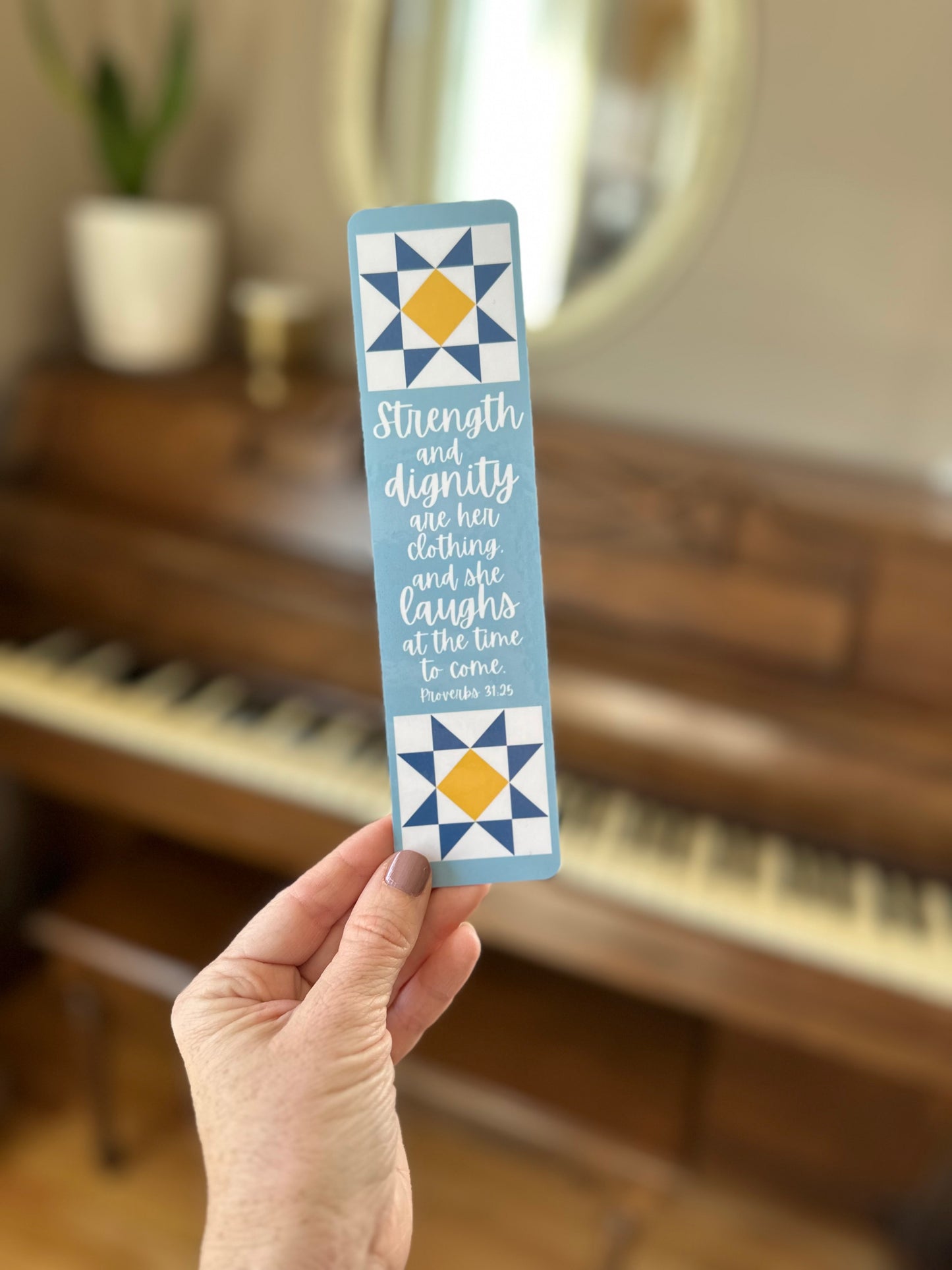 Blue Floral Bible Verse Quilt Laminated Bookmark