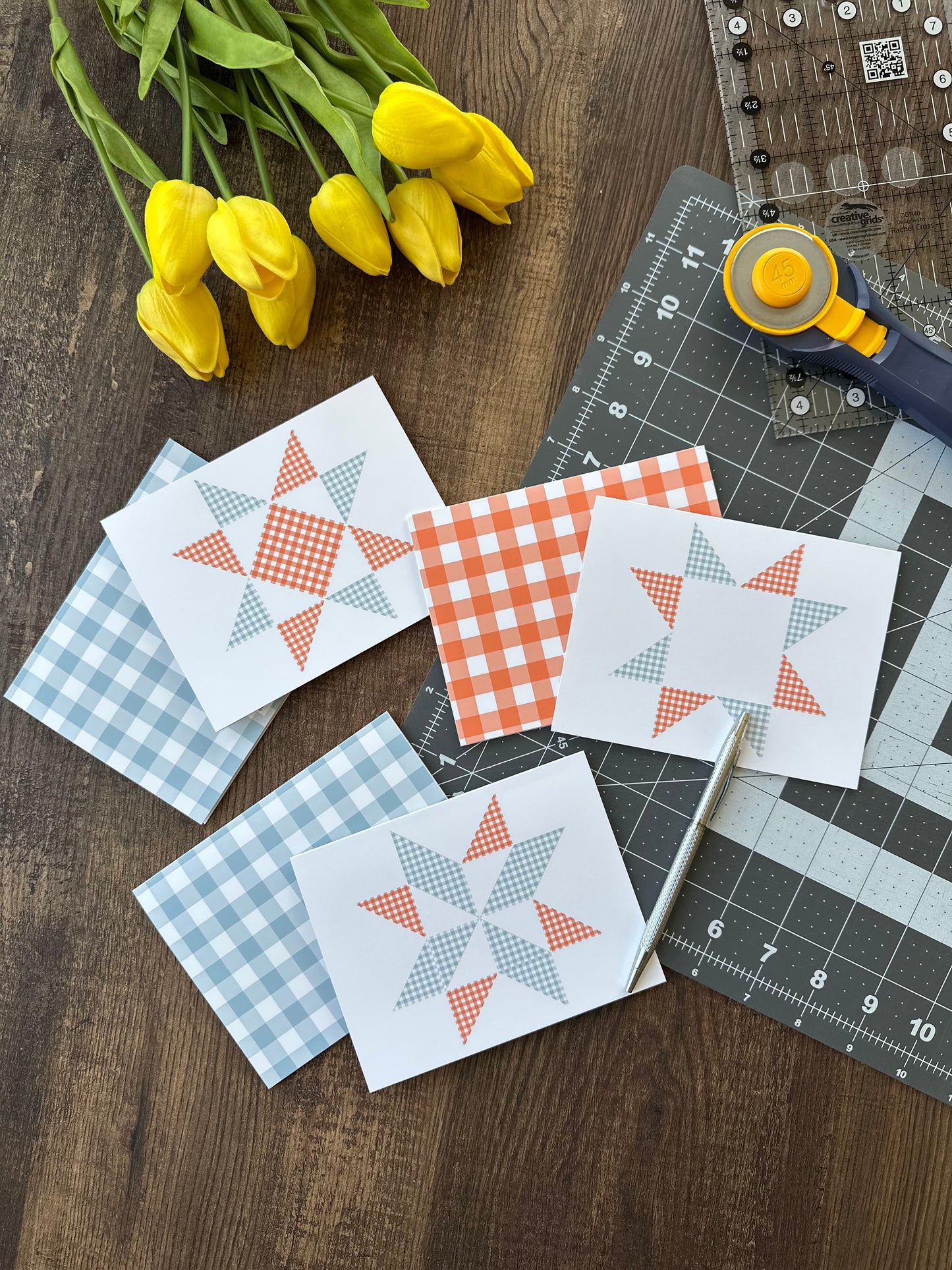 Blue and Orange Gingham Quilt Star Assorted Blank Note Cards Gift Set