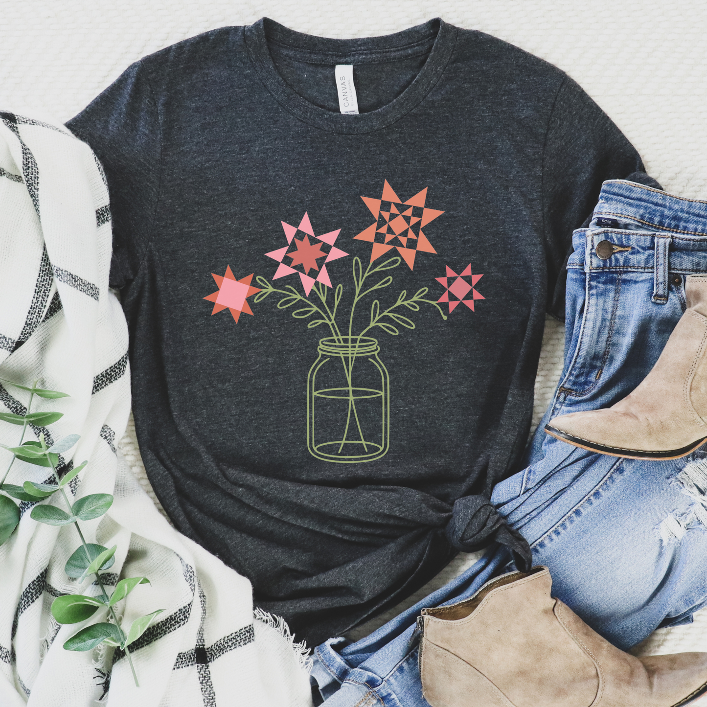 Mason Jar Quilt Flowers Bella+Canvas T-Shirt - Free shipping!