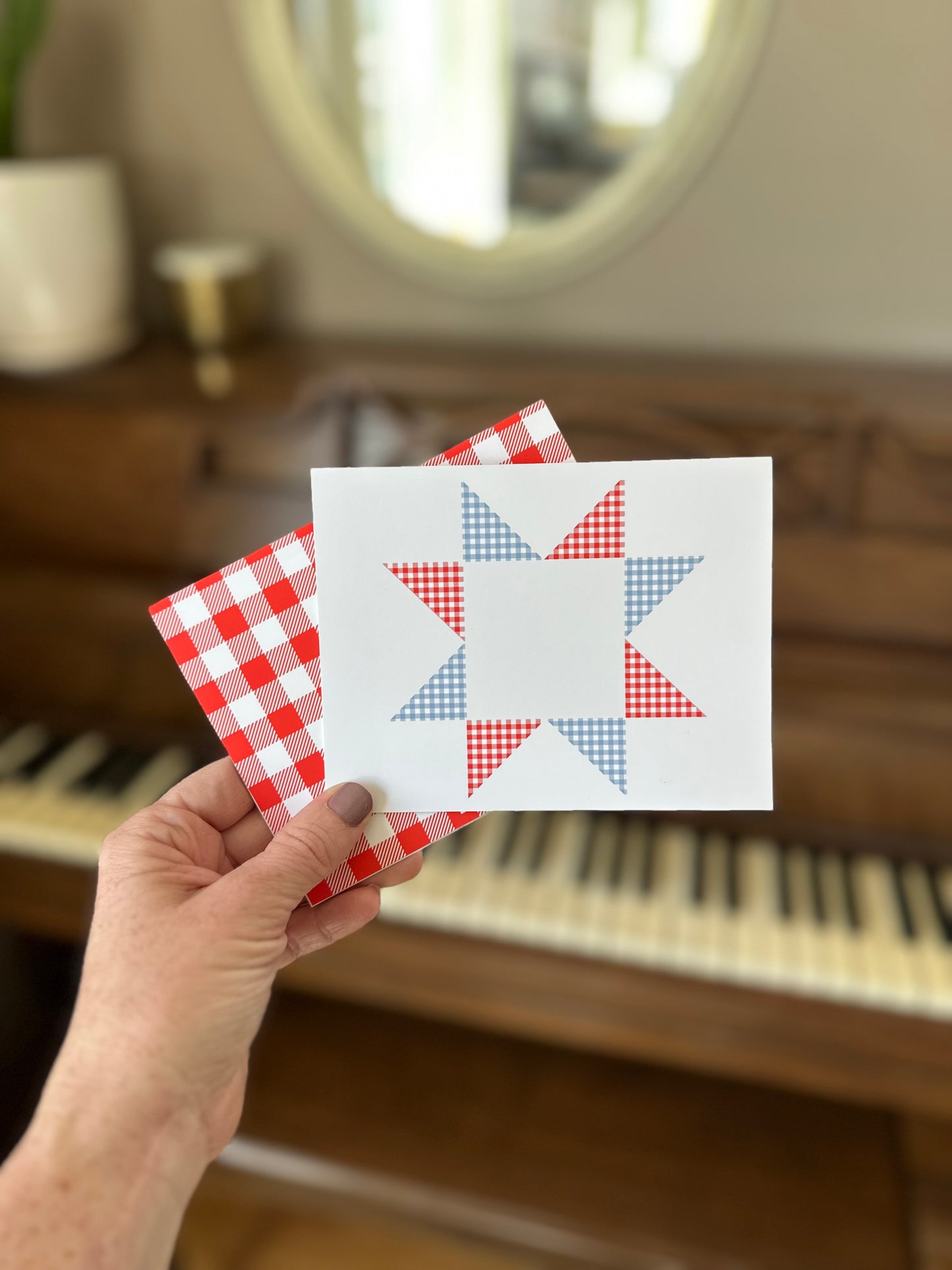 Red and Blue Gingham Quilt Star Assorted Blank Note Cards Gift Set