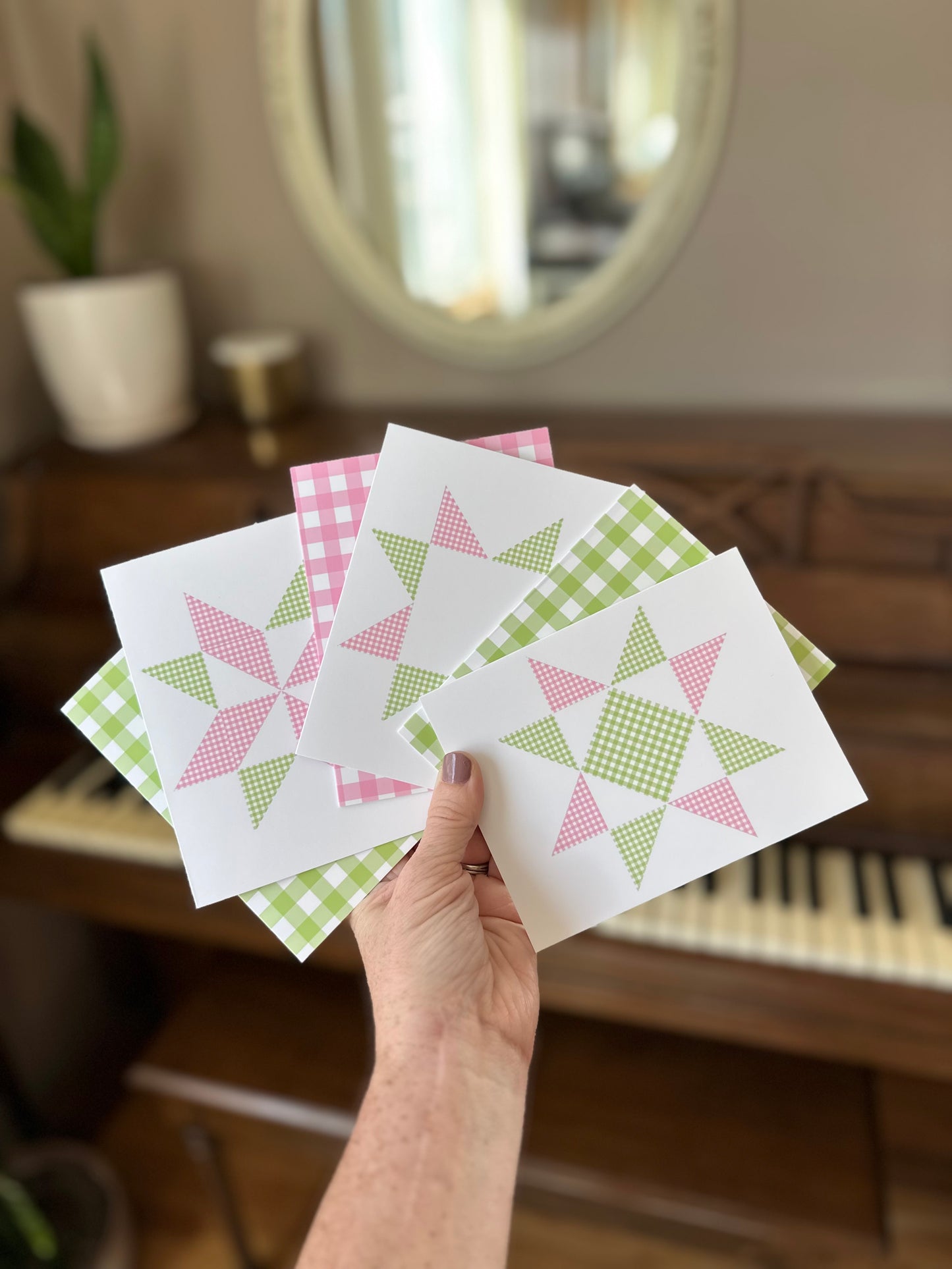 Pink and Green Gingham Quilt Star Assorted Blank Note Cards Gift Set