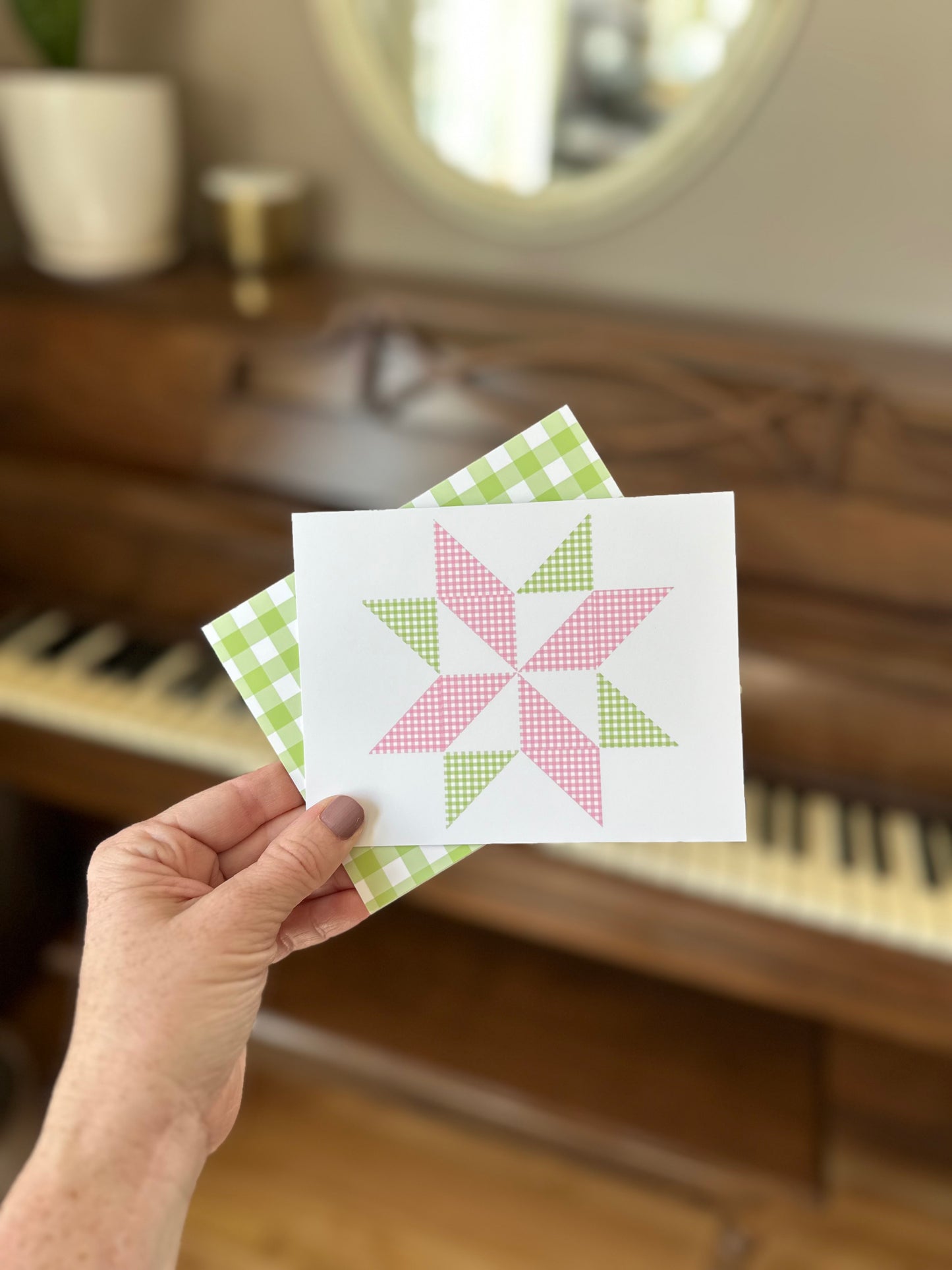 Pink and Green Gingham Quilt Star Assorted Blank Note Cards Gift Set