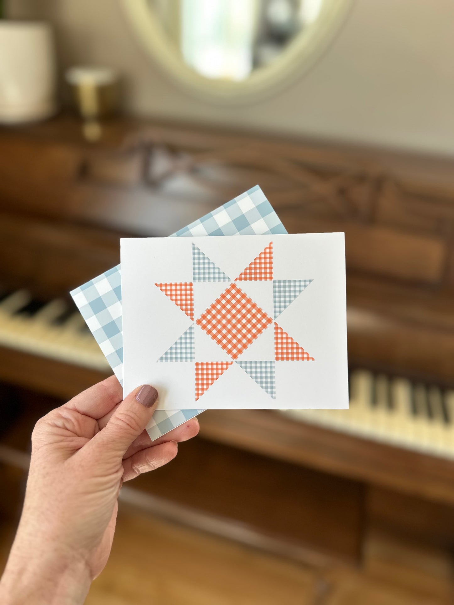 Blue and Orange Gingham Quilt Star Assorted Blank Note Cards Gift Set