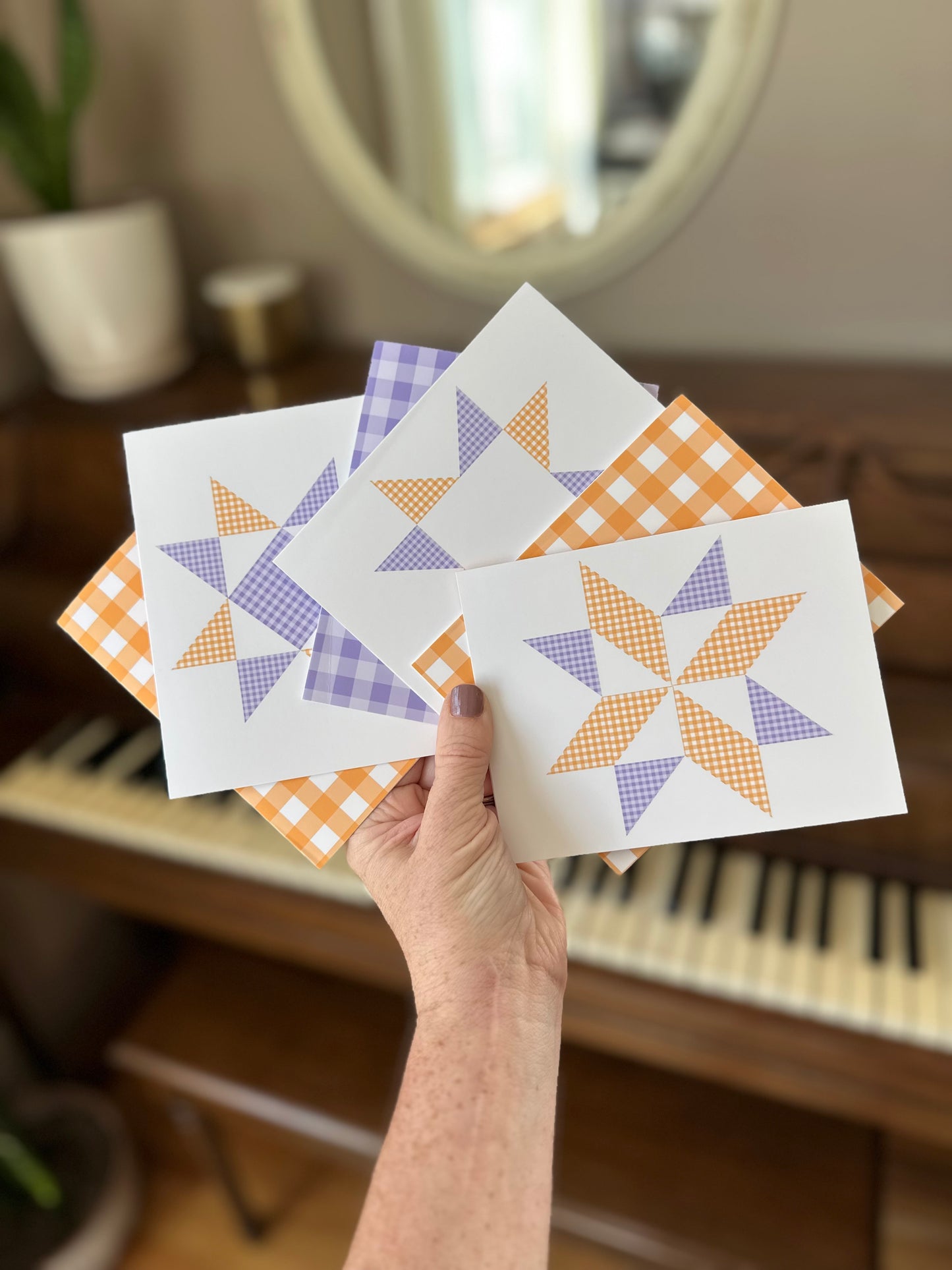 Purple and Gold Gingham Quilt Star Assorted Blank Note Cards Gift Set