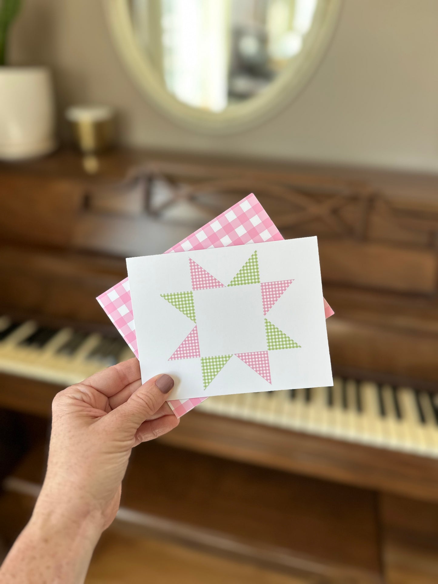 Pink and Green Gingham Quilt Star Assorted Blank Note Cards Gift Set