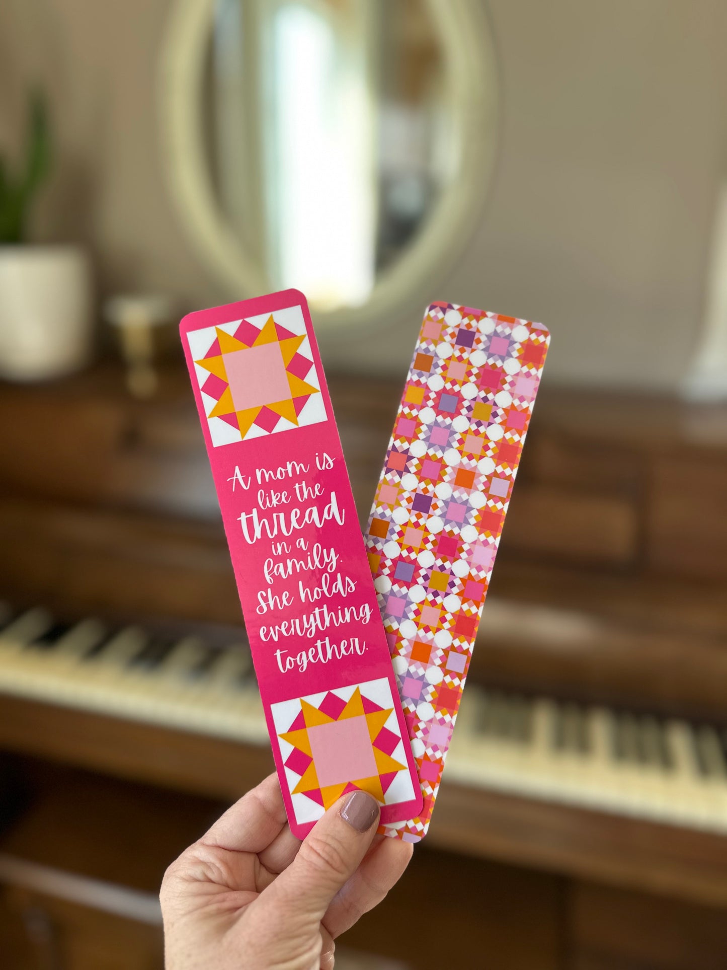 Mother's Day "A Mom Is Like the Thread" Quilt Block Laminated Bookmark