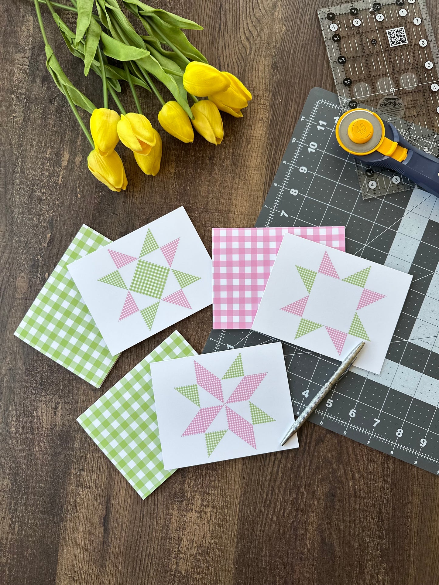 Pink and Green Gingham Quilt Star Assorted Blank Note Cards Gift Set