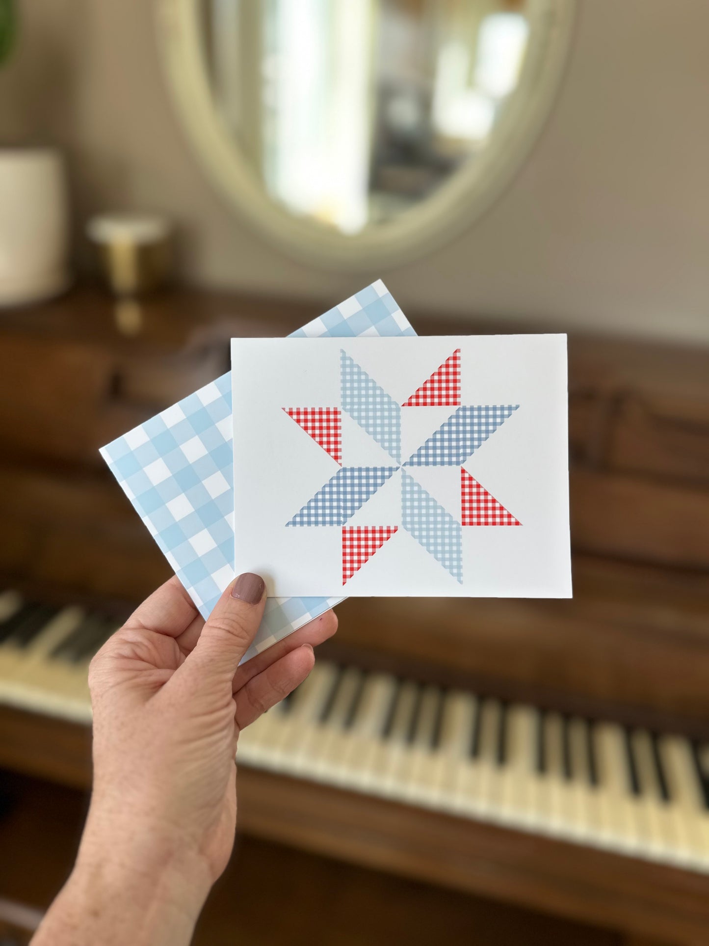 Red and Blue Gingham Quilt Star Assorted Blank Note Cards Gift Set