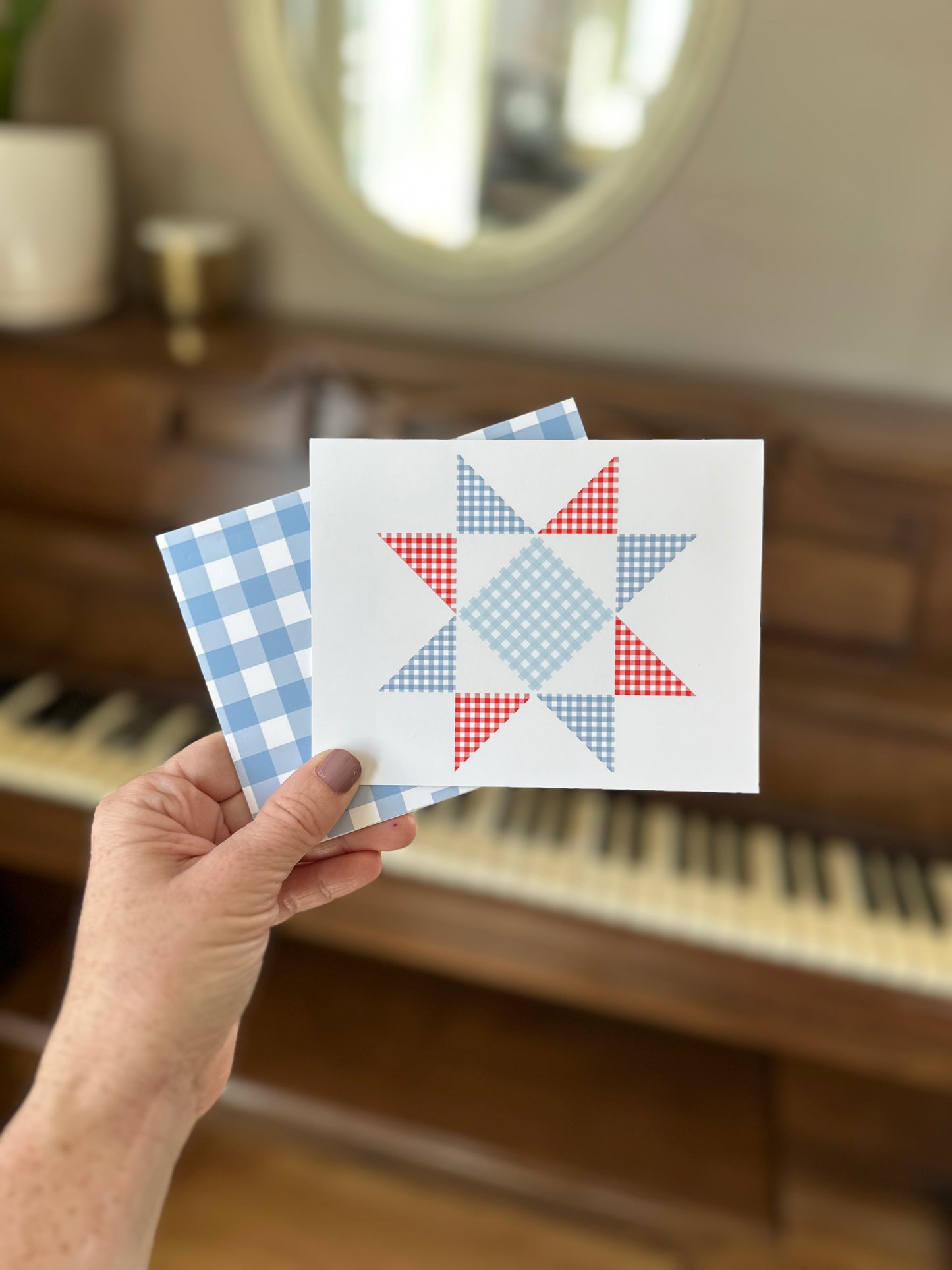 Red and Blue Gingham Quilt Star Assorted Blank Note Cards Gift Set