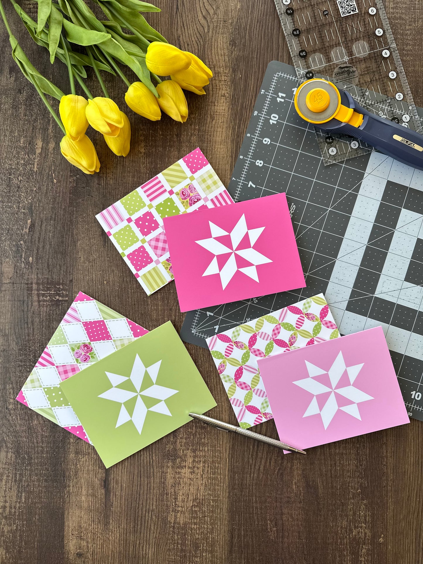 Pink and Green Quilt Assorted Blank Note Cards Gift Set