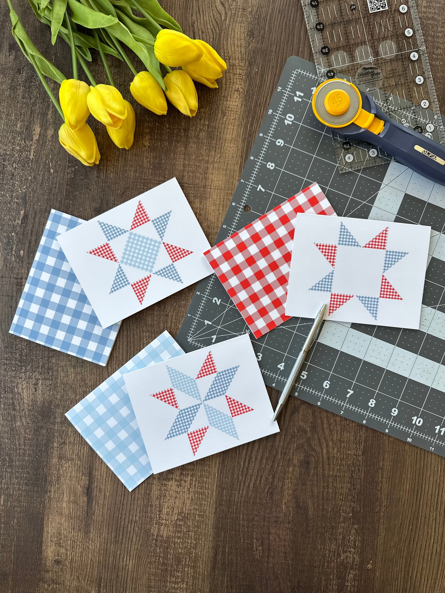 Red and Blue Gingham Quilt Star Assorted Blank Note Cards Gift Set