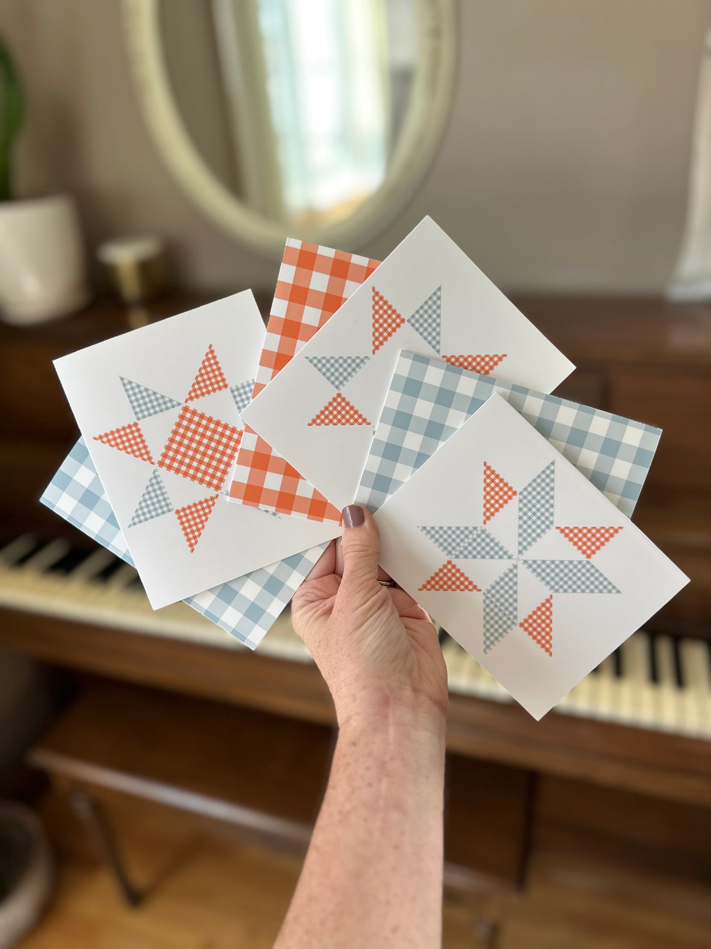 Blue and Orange Gingham Quilt Star Assorted Blank Note Cards Gift Set