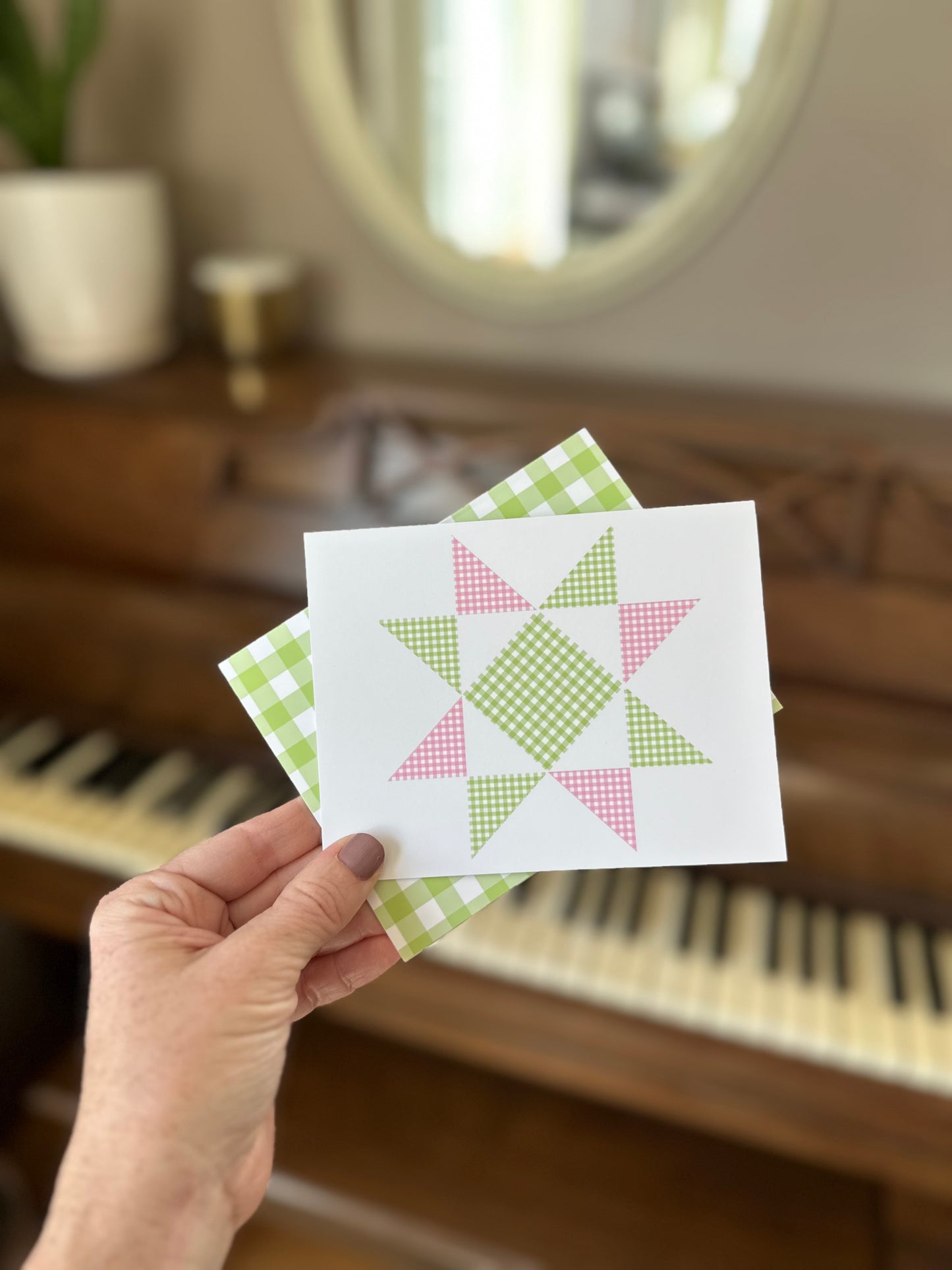 Pink and Green Gingham Quilt Star Assorted Blank Note Cards Gift Set