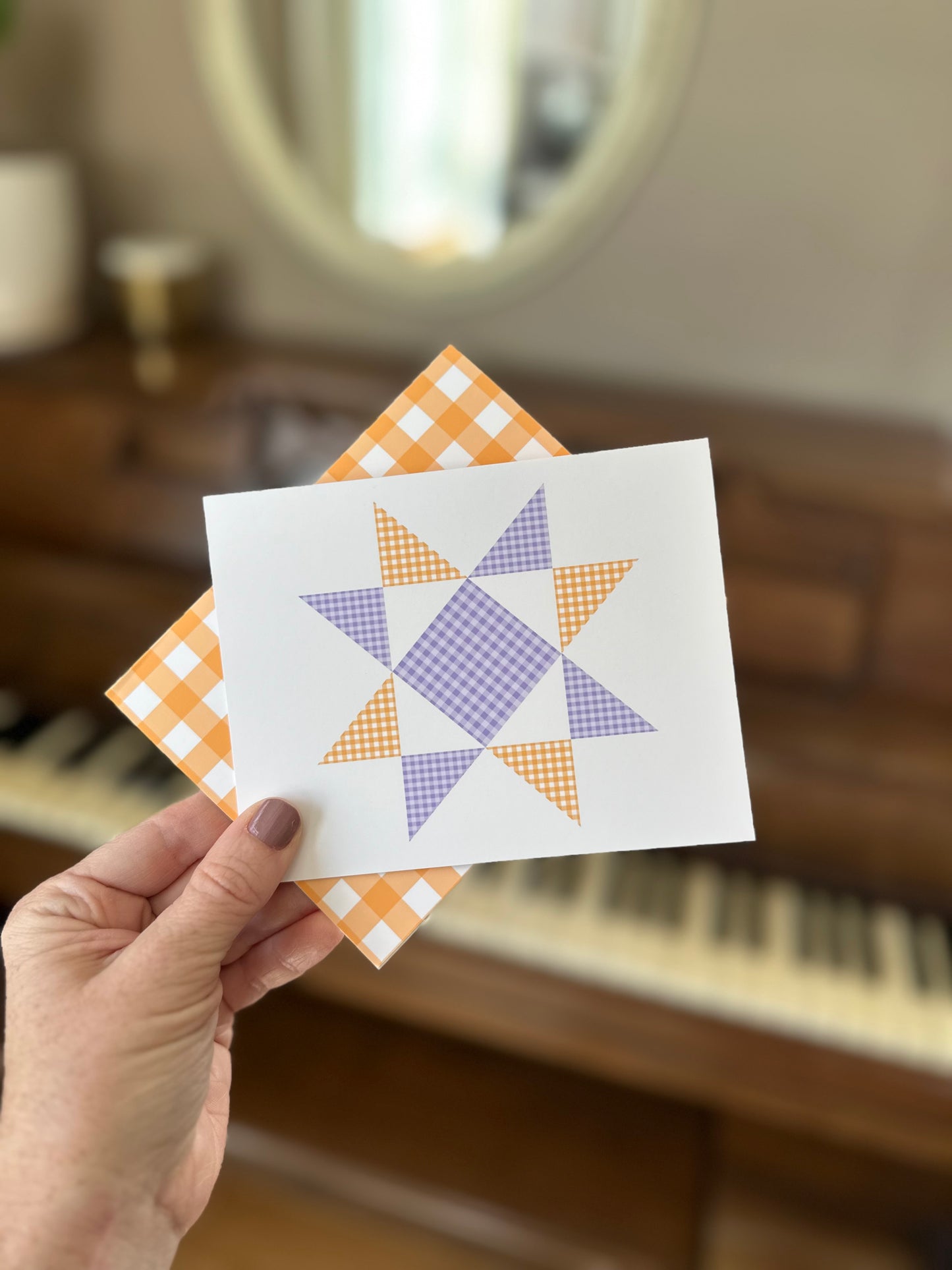 Purple and Gold Gingham Quilt Star Assorted Blank Note Cards Gift Set