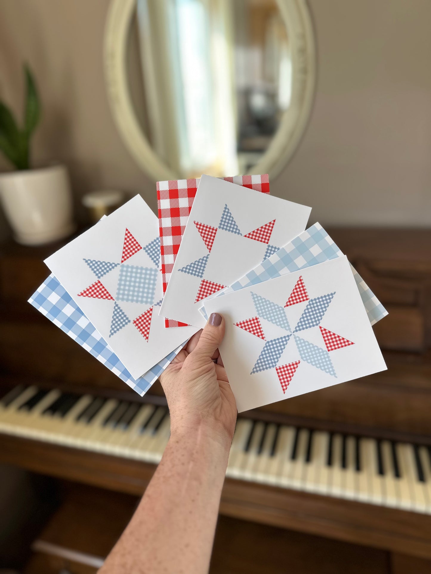 Red and Blue Gingham Quilt Star Assorted Blank Note Cards Gift Set