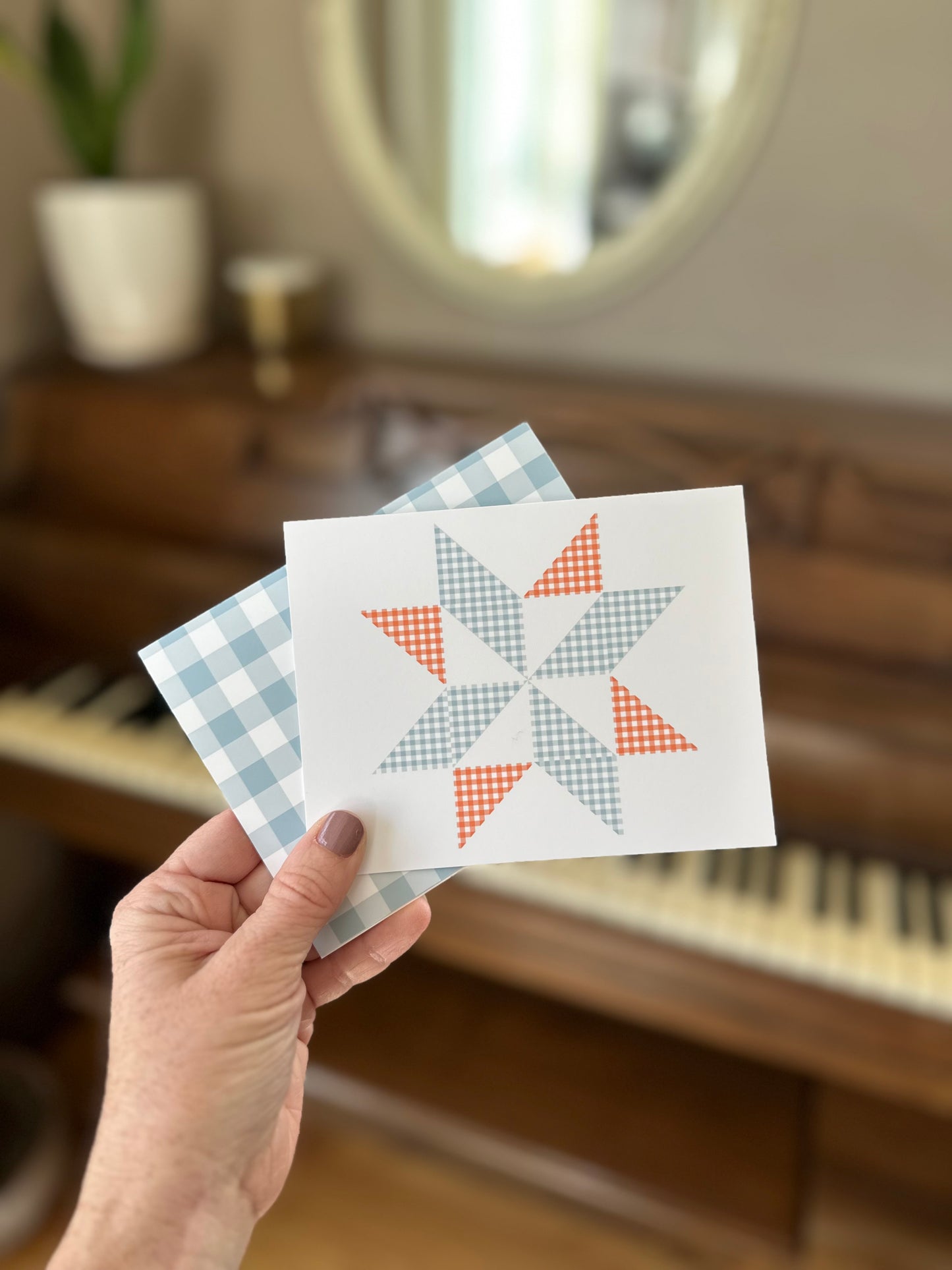 Blue and Orange Gingham Quilt Star Assorted Blank Note Cards Gift Set