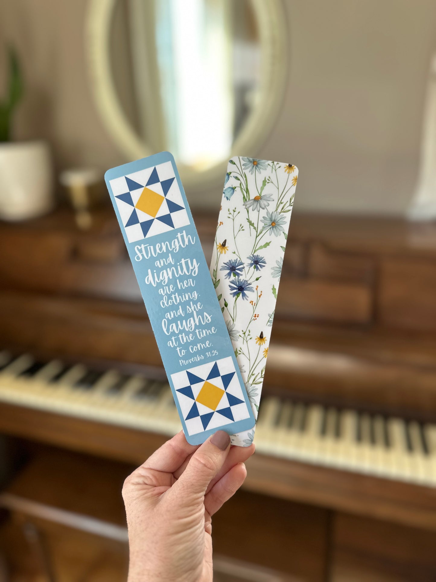 Blue Floral Bible Verse Quilt Laminated Bookmark