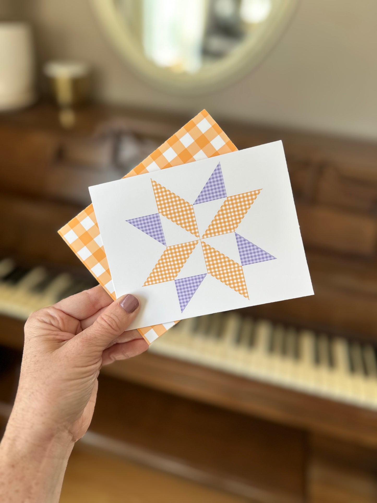 Purple and Gold Gingham Quilt Star Assorted Blank Note Cards Gift Set