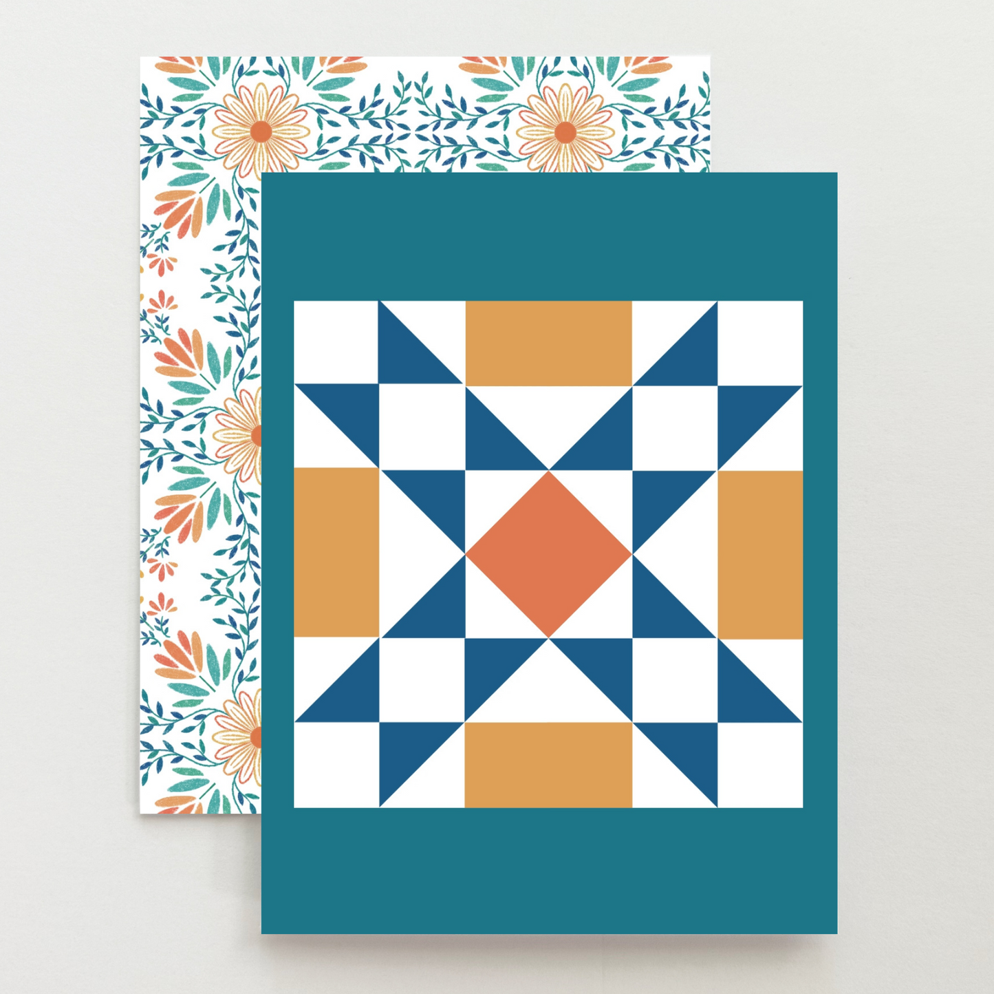 Orange Floral 3 Quilt Block Card Set