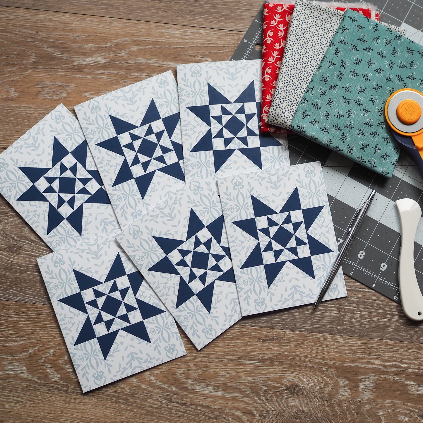 White and Aqua Vintage Quilt Star Card Set