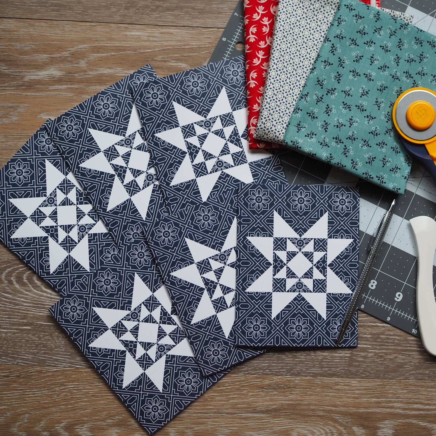 Dark Blue Vintage Quilt Star Card Set
