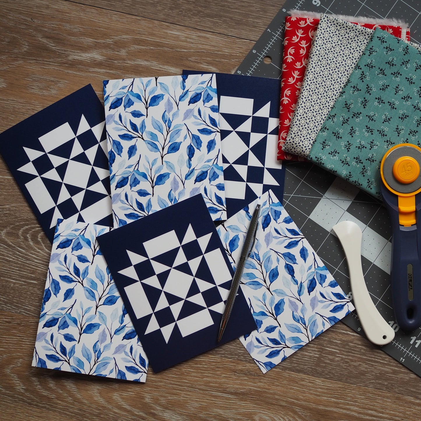 Blue Floral Quilt Block Card Set