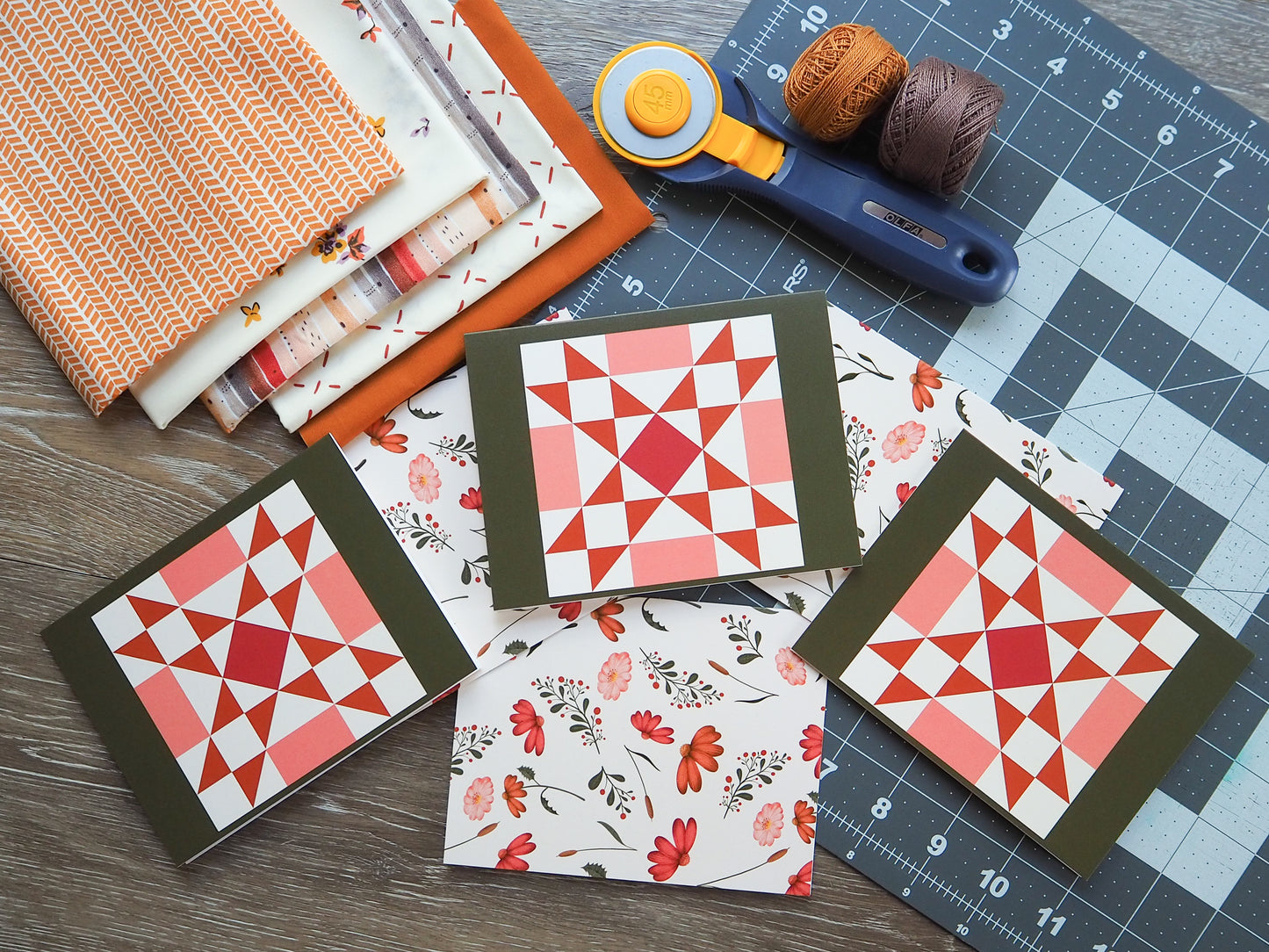 Pink Floral 3 Quilt Block Card Set