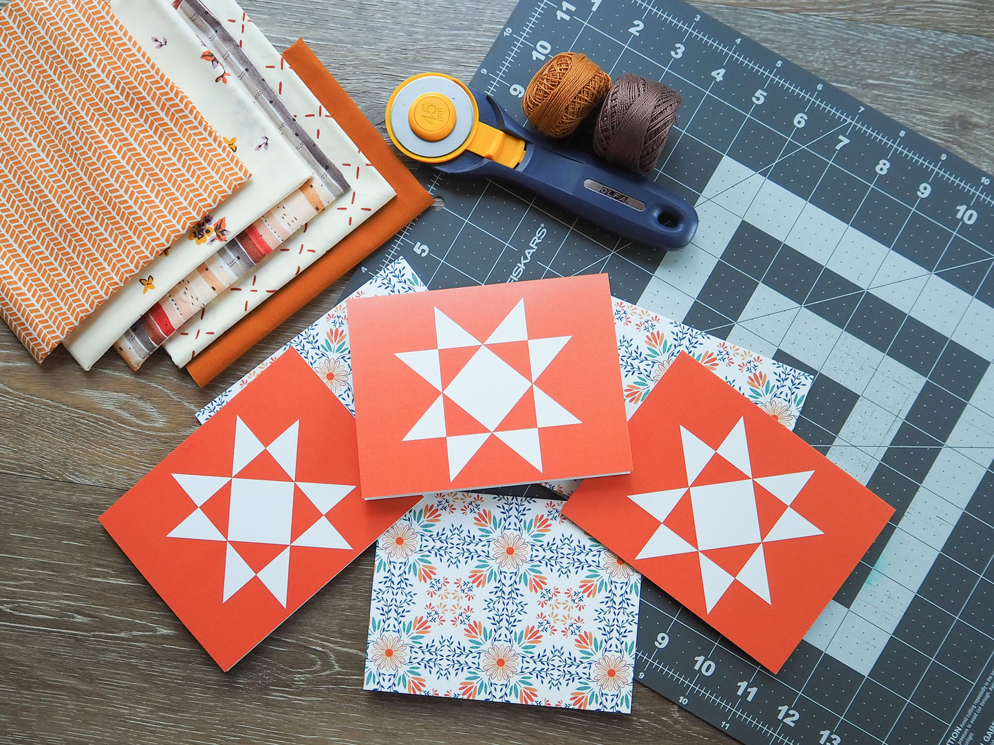 Orange Floral 2 Quilt Star Card Set