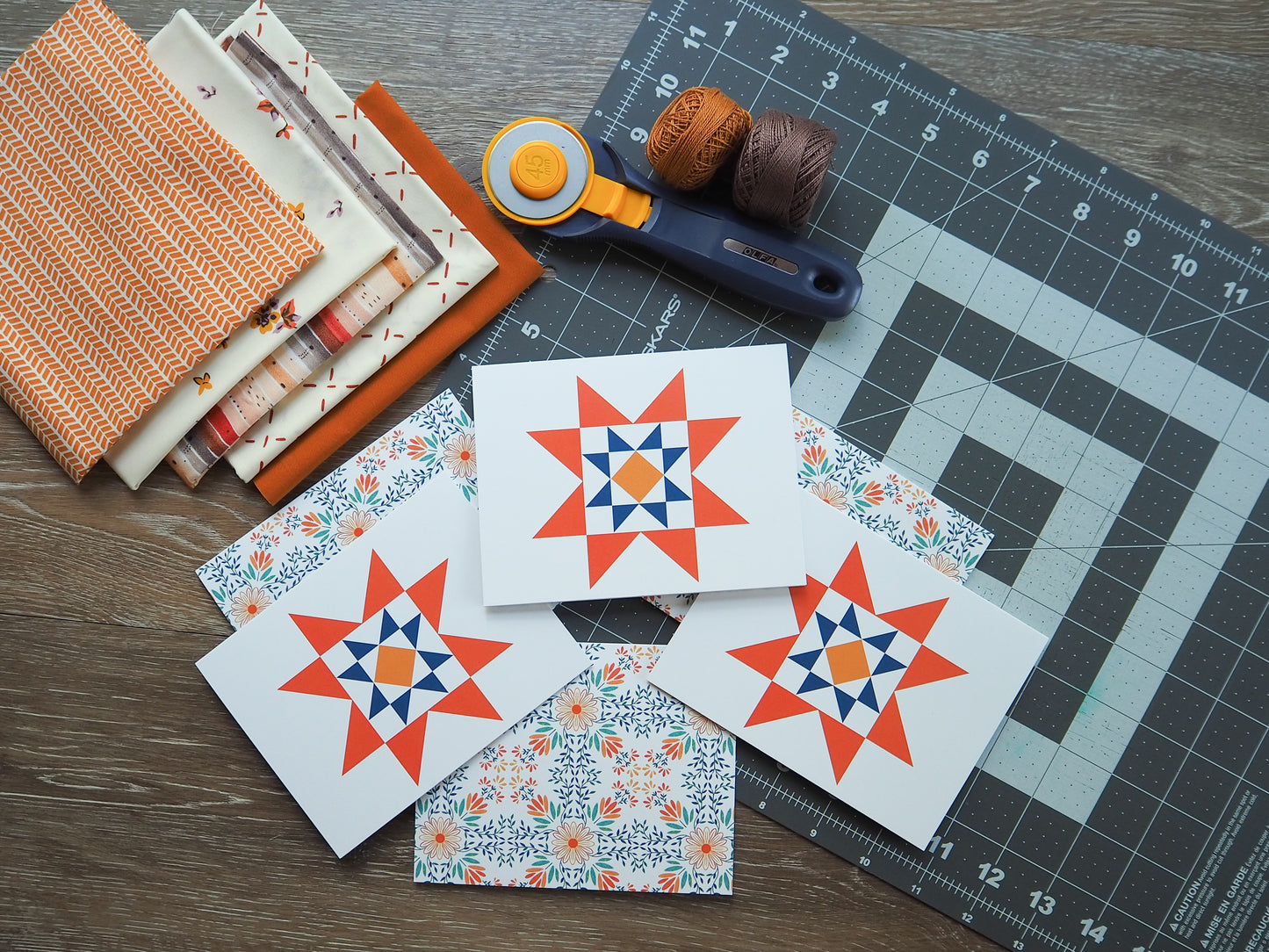 Orange Floral 1 Quilt Star Card Set