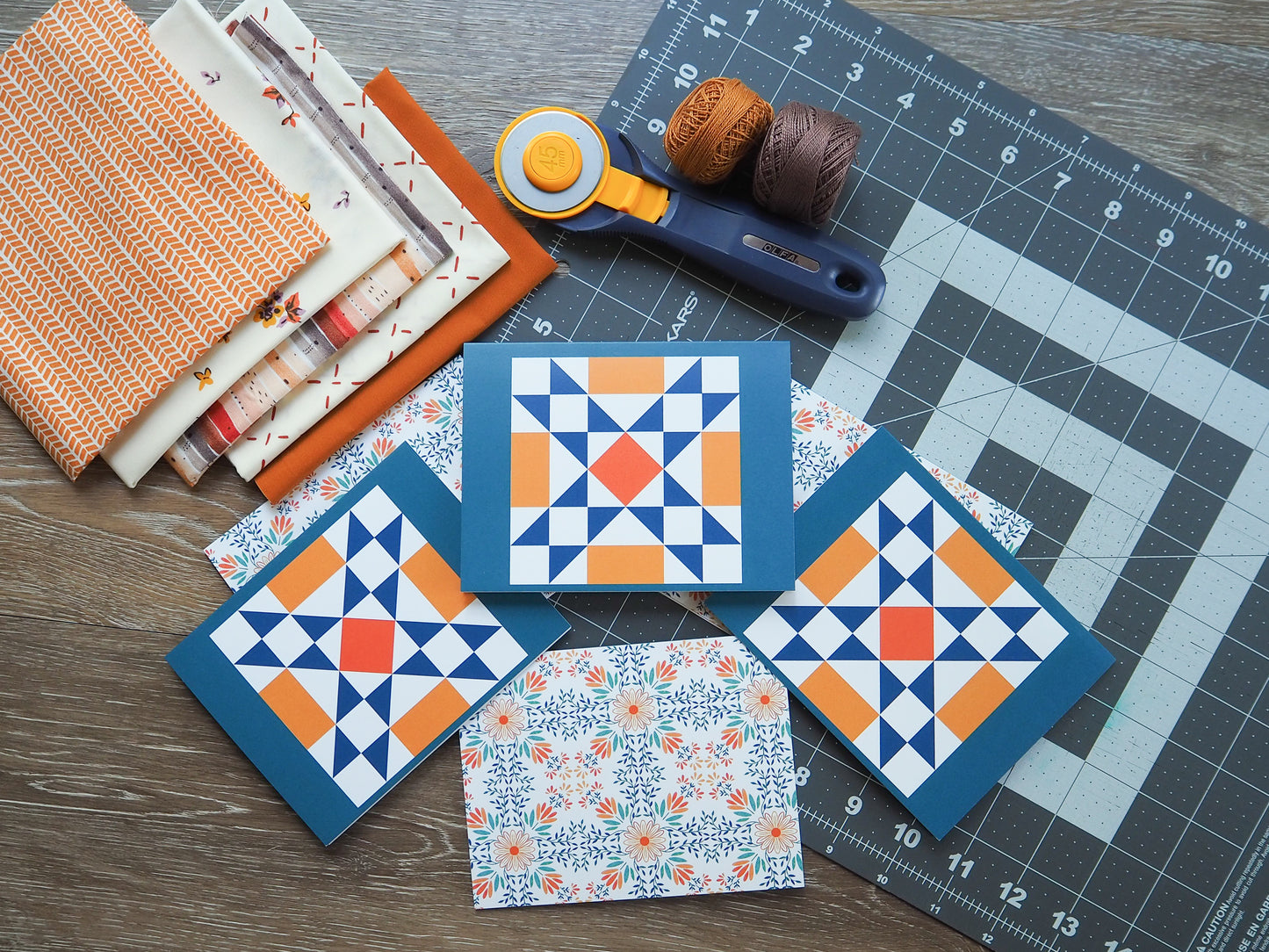 Orange Floral 3 Quilt Block Card Set