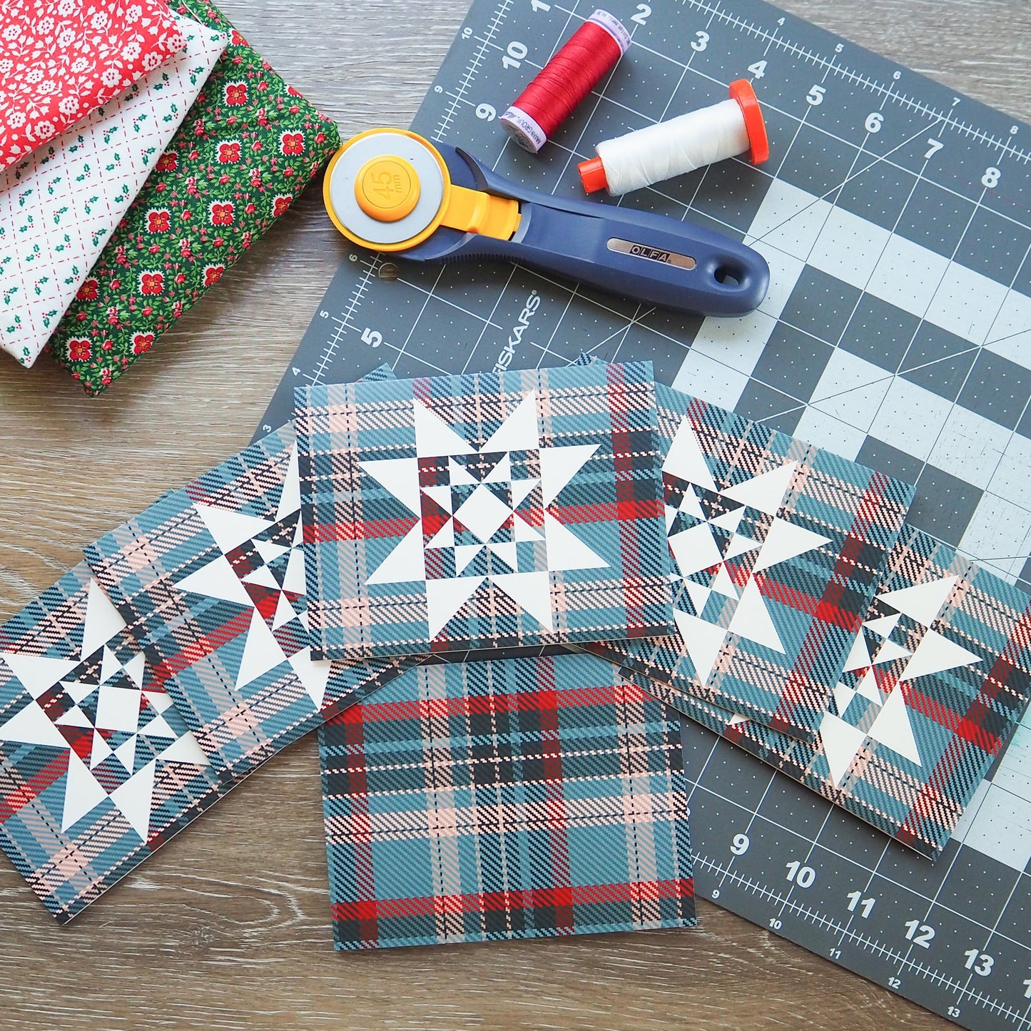 Flannel Green Christmas Quilt Star Card Set