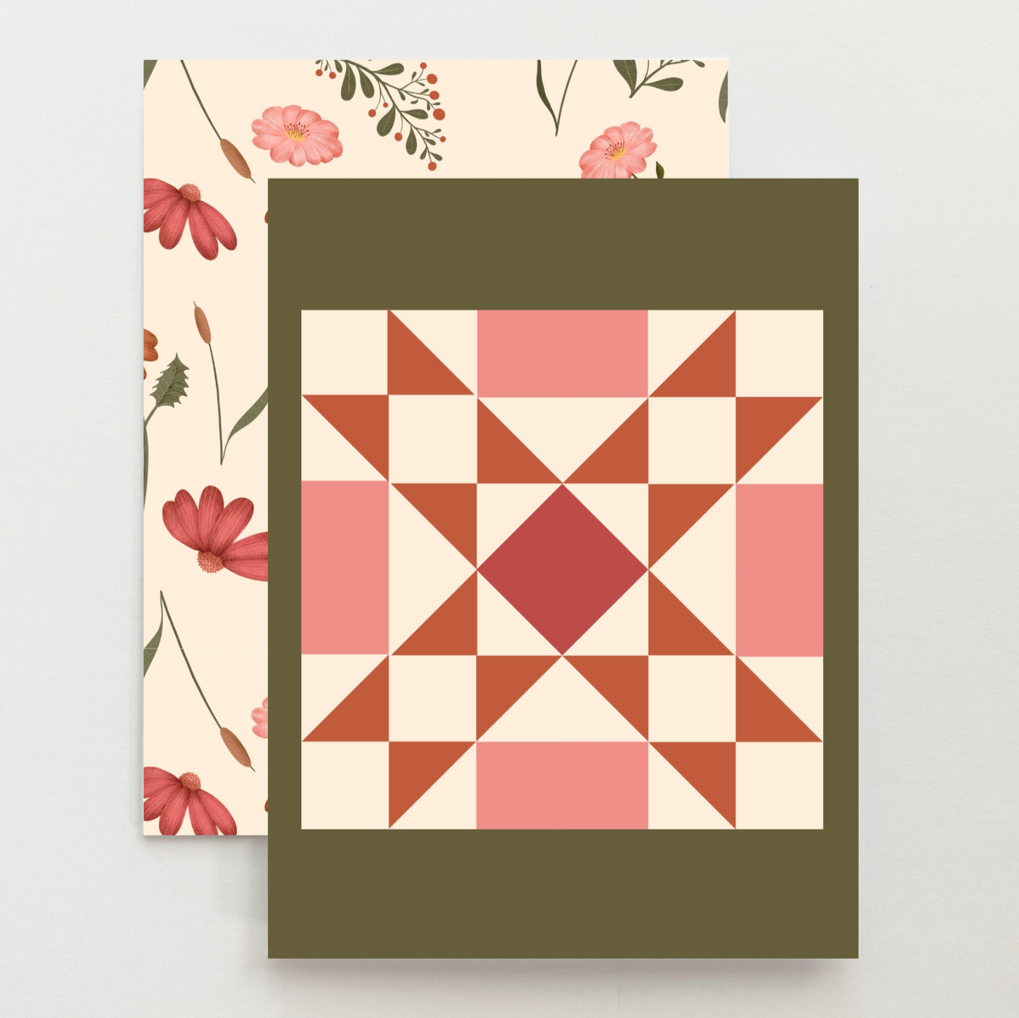 Pink Floral 3 Quilt Block Card Set