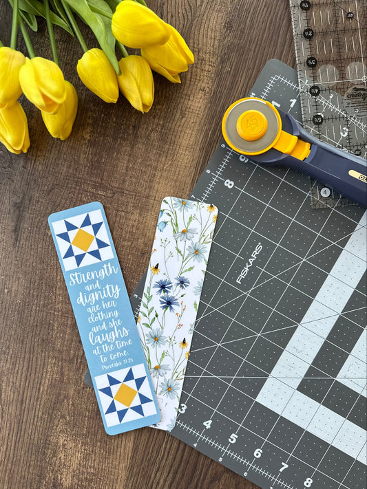 Blue Floral Bible Verse Quilt Laminated Bookmark