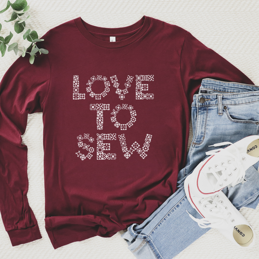Bella+Canvas Love to Sew Quilt Block Letters Unisex Long Sleeve Shirt - Free shipping!