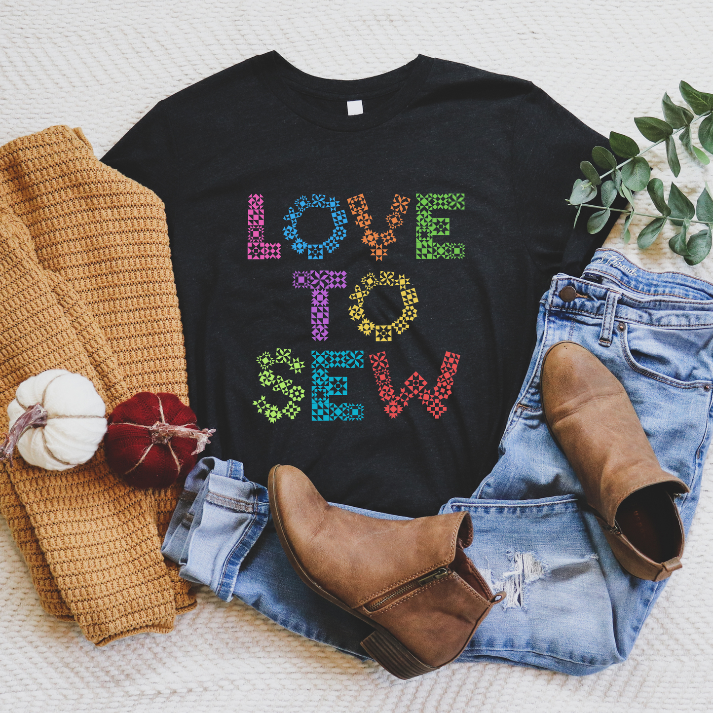 Bella+Canvas Love to Sew Multicolor Quilt Block Letters Unisex T-Shirt - Free shipping!