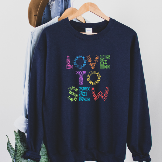 Gildan Love to Sew Multicolor Quilt Block Letters Unisex Sweatshirt - Free shipping!