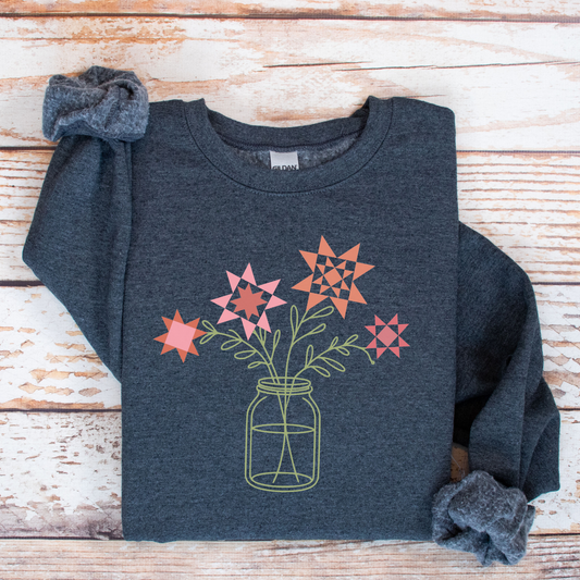 Mason Jar Quilt Flowers Gildan Crewneck Sweatshirt - Free shipping!