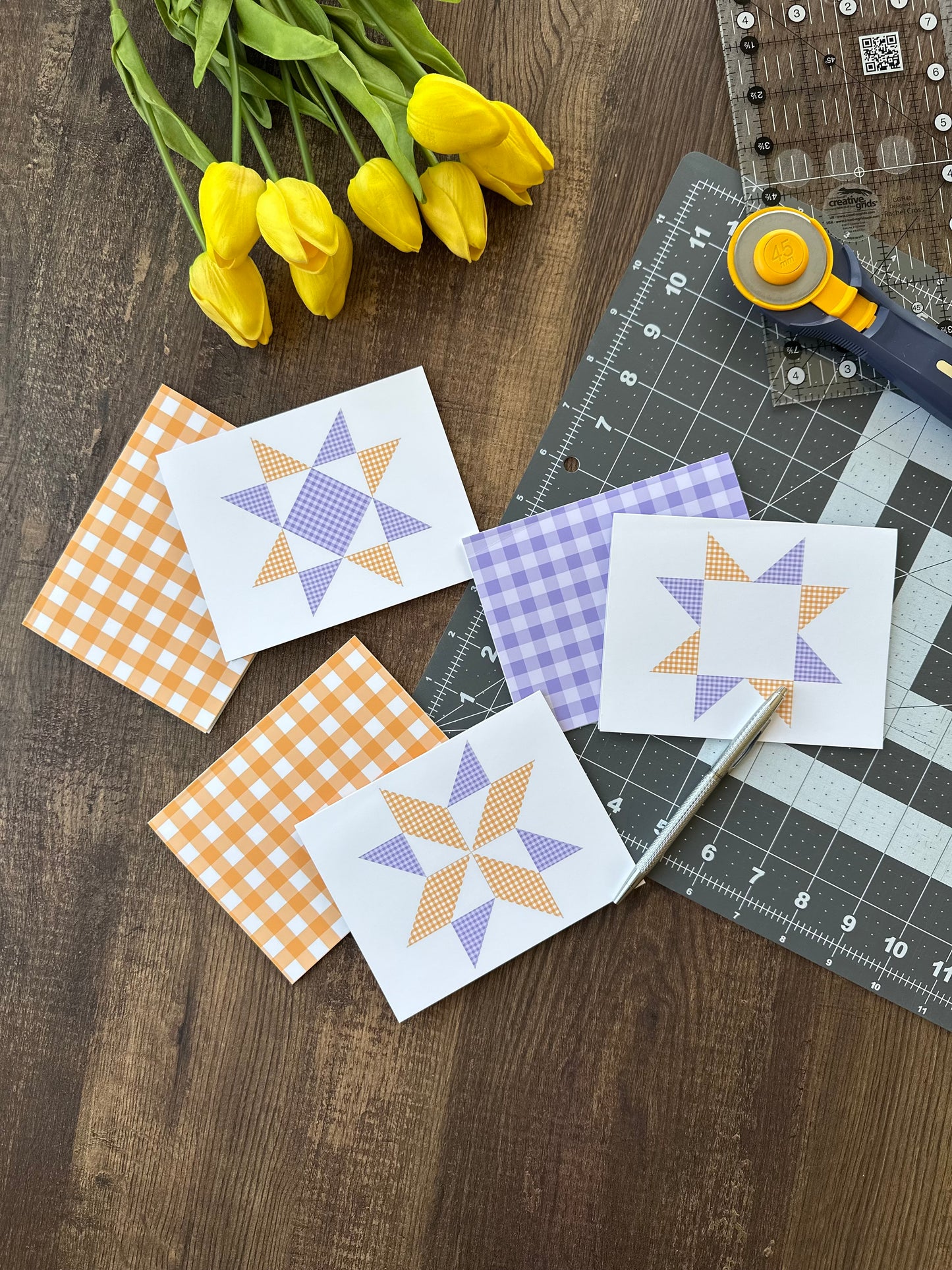 Purple and Gold Gingham Quilt Star Assorted Blank Note Cards Gift Set