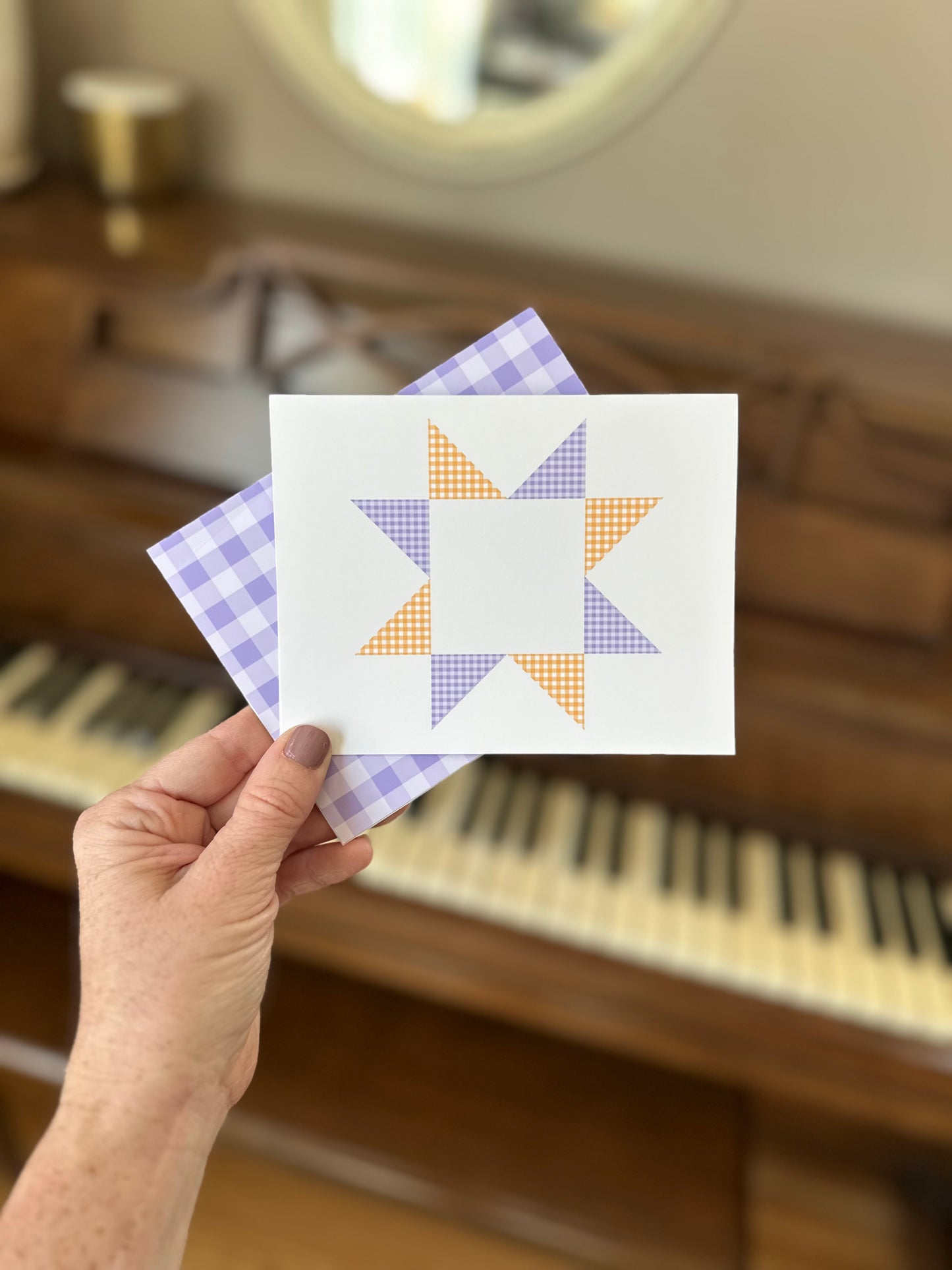 Purple and Gold Gingham Quilt Star Assorted Blank Note Cards Gift Set