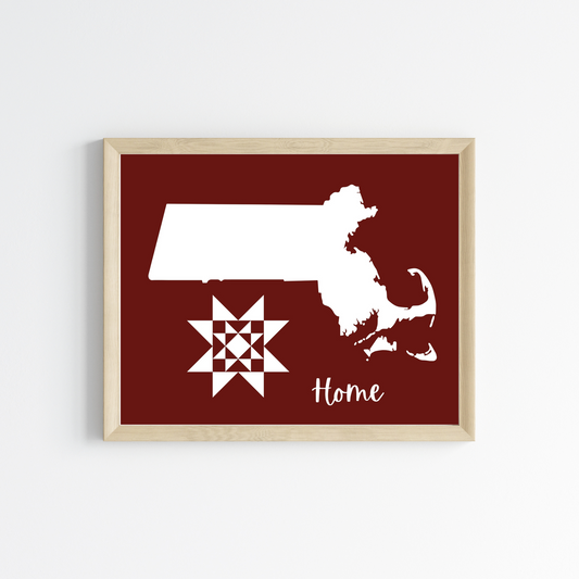 Massachusetts Home Quilt Star 8x10 Wall Art Print - Choose Your Color