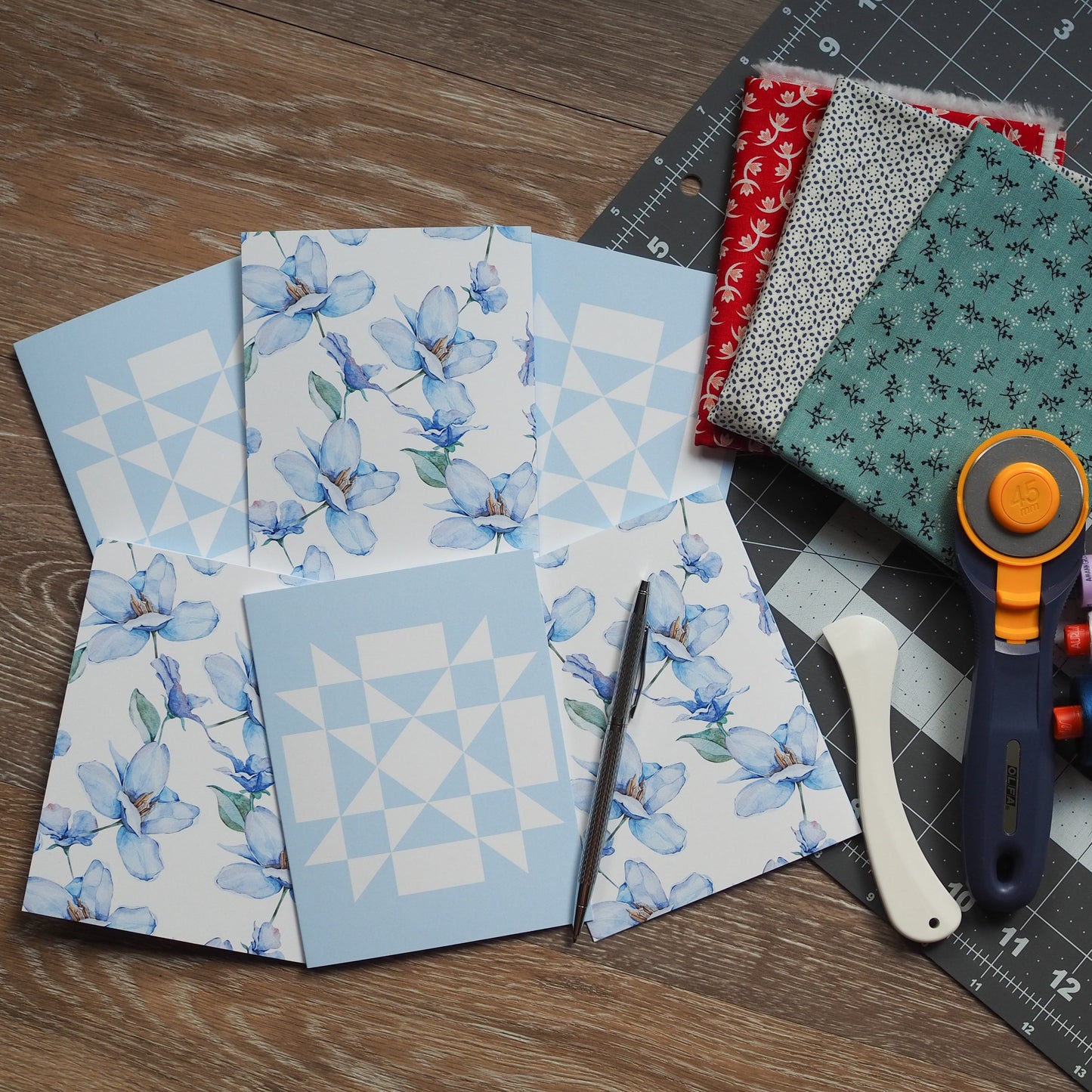 Light Blue Floral Quilt Block Card Set