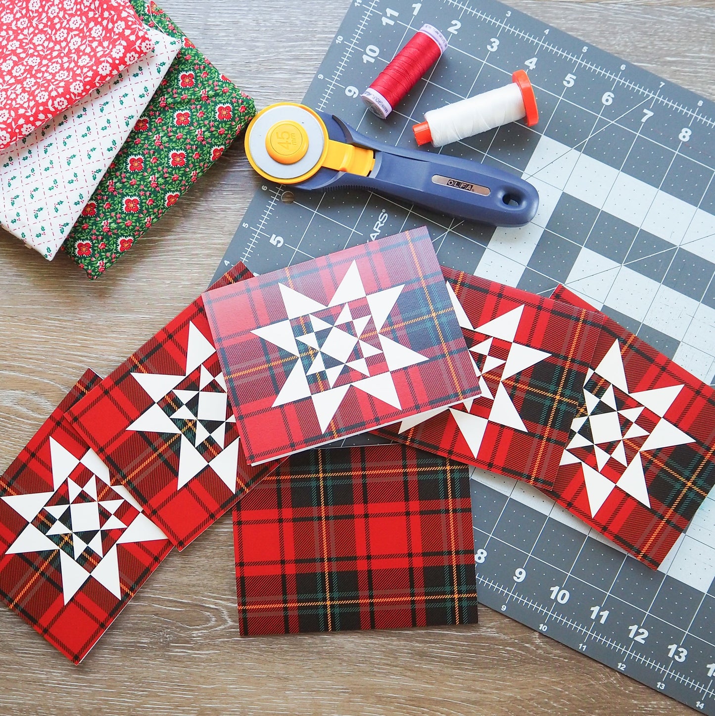 Flannel Red Christmas Quilt Star Card Set