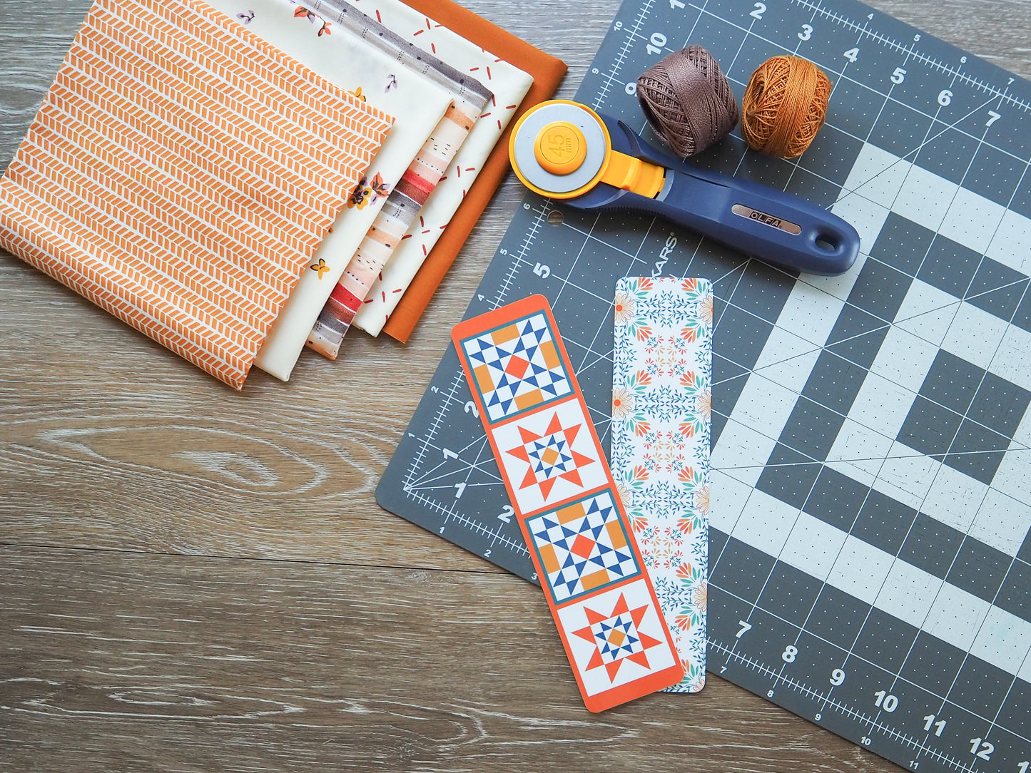 Orange and Blue Quilt Block Laminated Bookmark