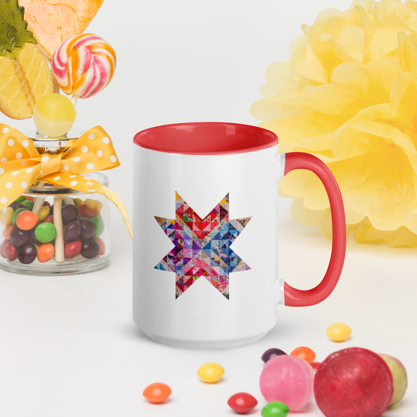 Vibrant Quilt Star Mug with Red Inside